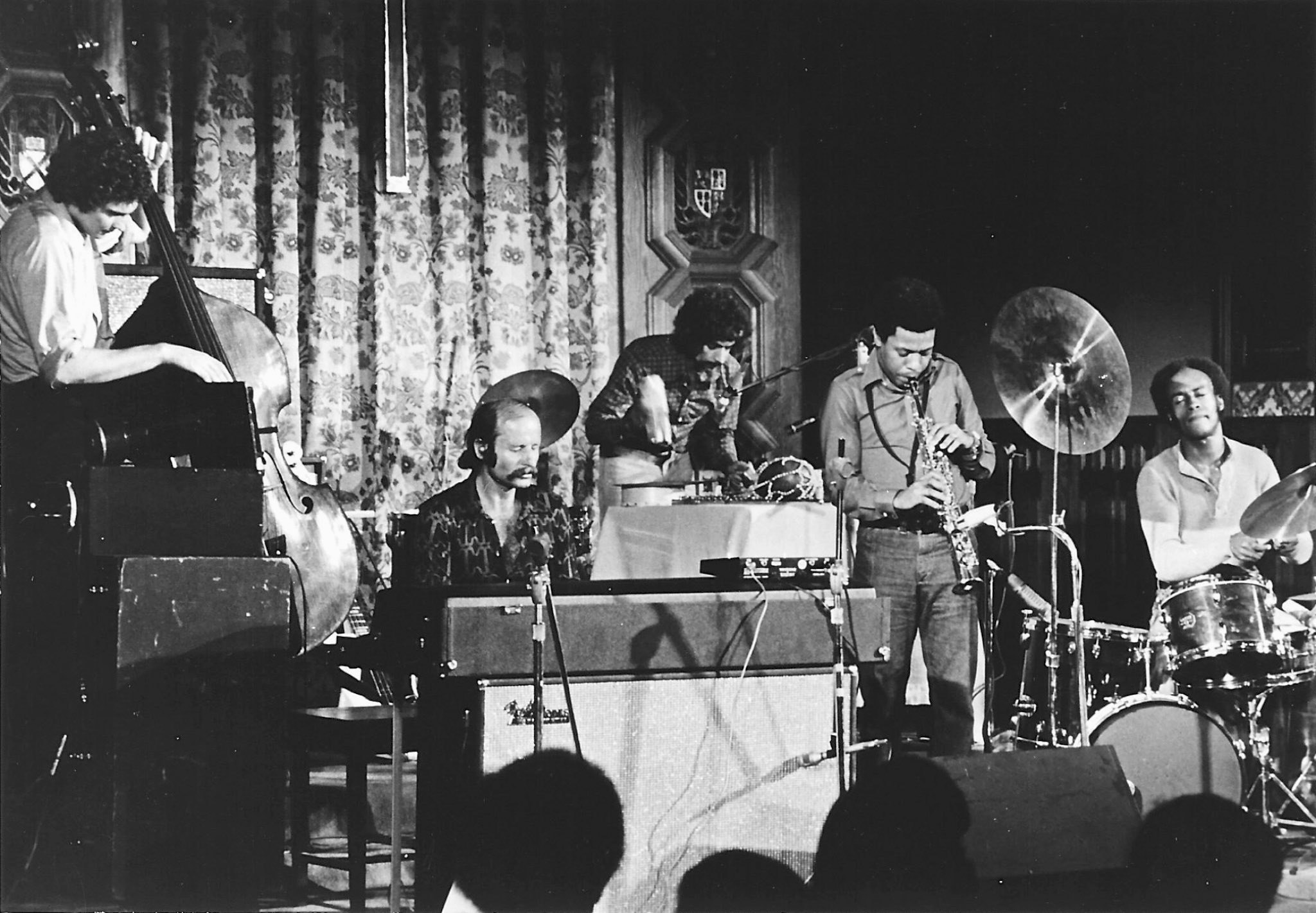 Weather Report performing in 1972. This lineup would continue in 1973 without the studio musicians recruited for <i>Sweetnighter</i>. However, it struggled to achieve the funkiness that Joe Zawinul wanted, and both Eric Gravatt and Miroslav Vitous would be out of the band by the end of the year. Photo courtesy of Columbia Records.
